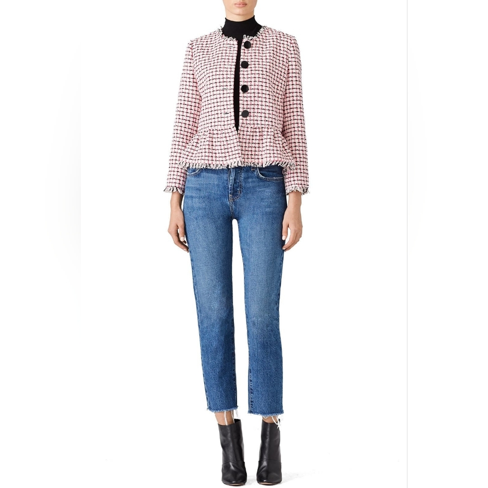 Kate Spade New York Pink Cropped Tweed Peplum Jacket Size 8 Fringe Bold Buttons - Picture 2 of 15